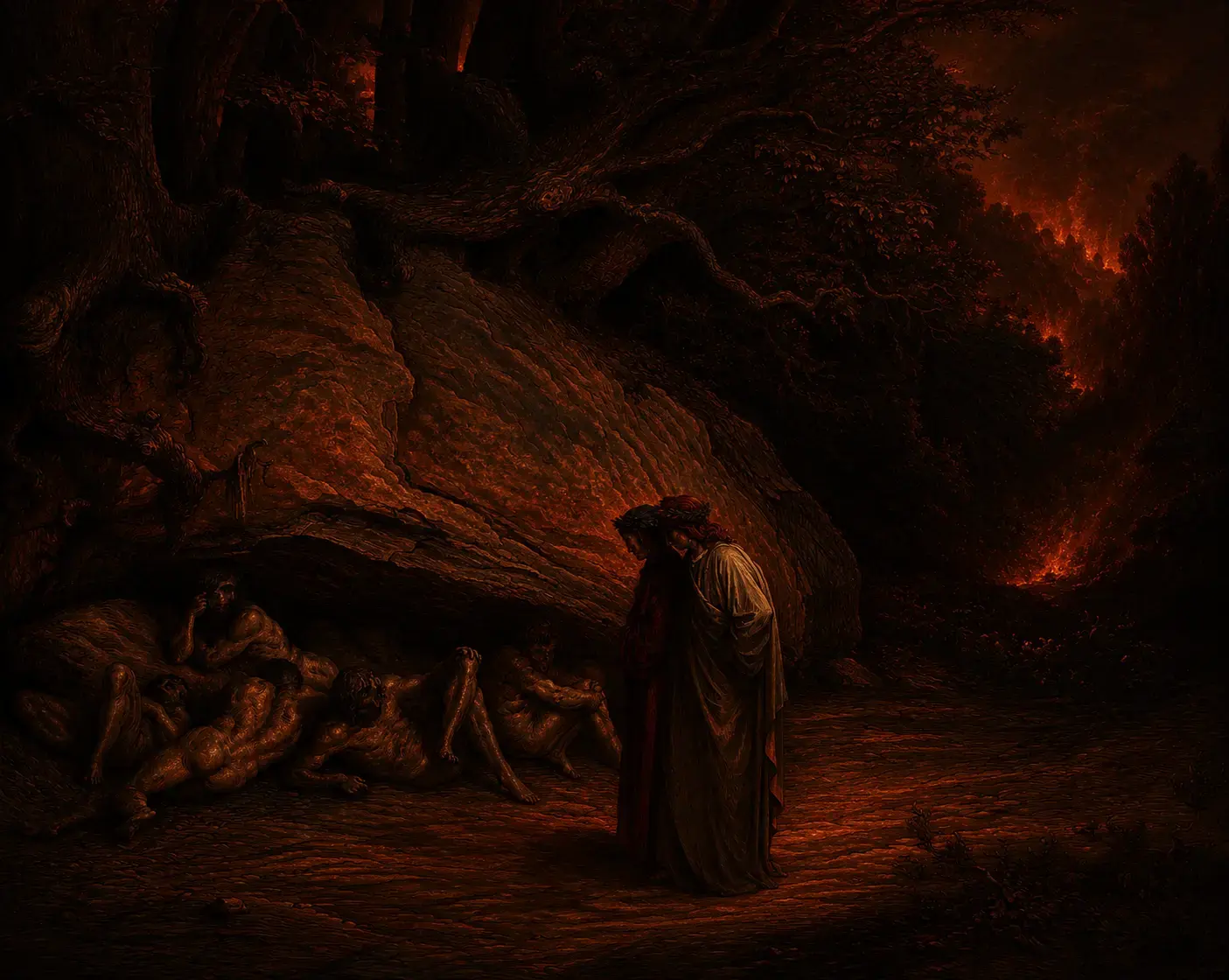 A pilgrim kneels beside the suffering beneath a gnarled tree in the dark wood