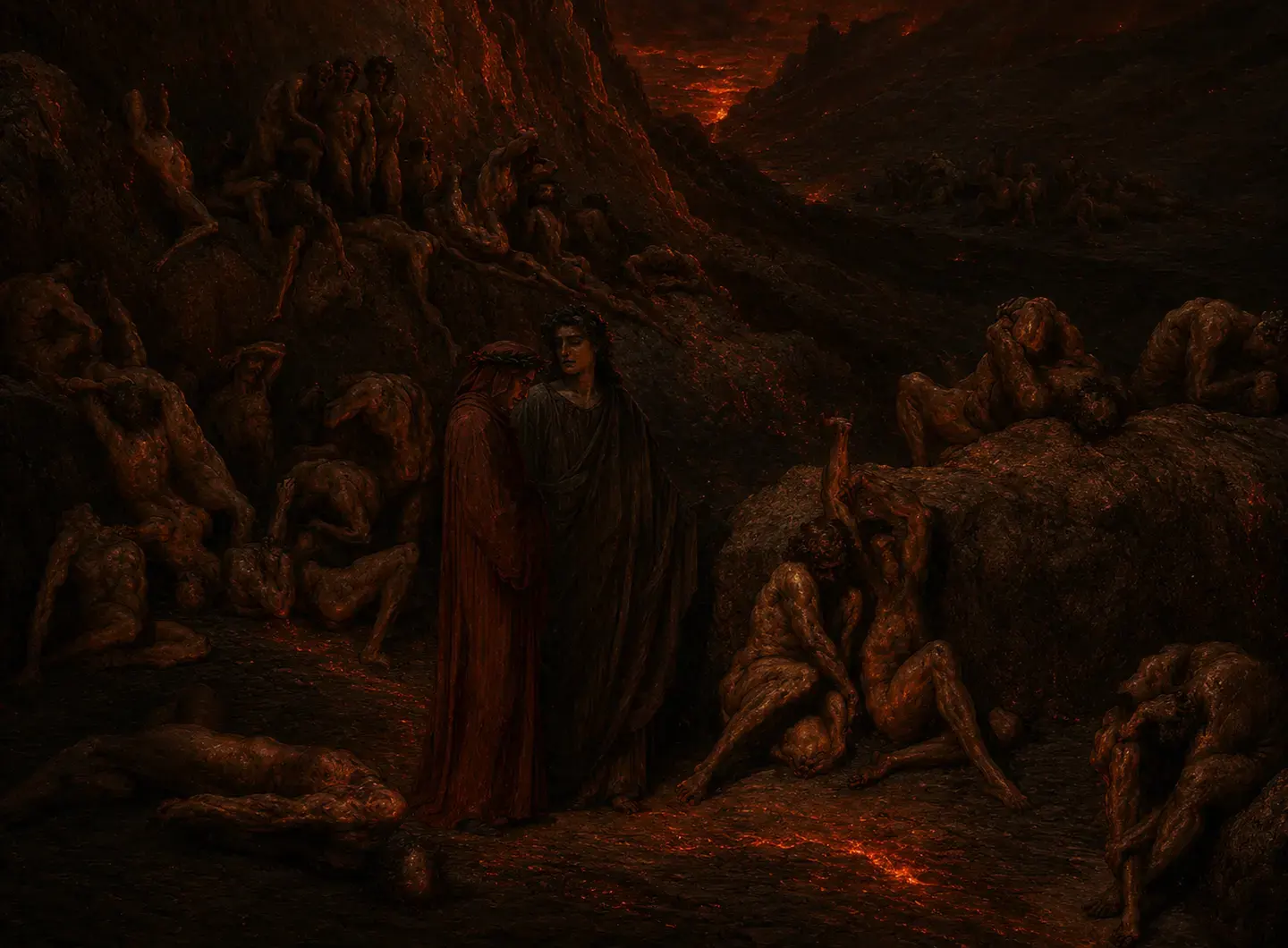 Dante in a red cloak walks among tormented figures on a dark hillside lit by distant fire