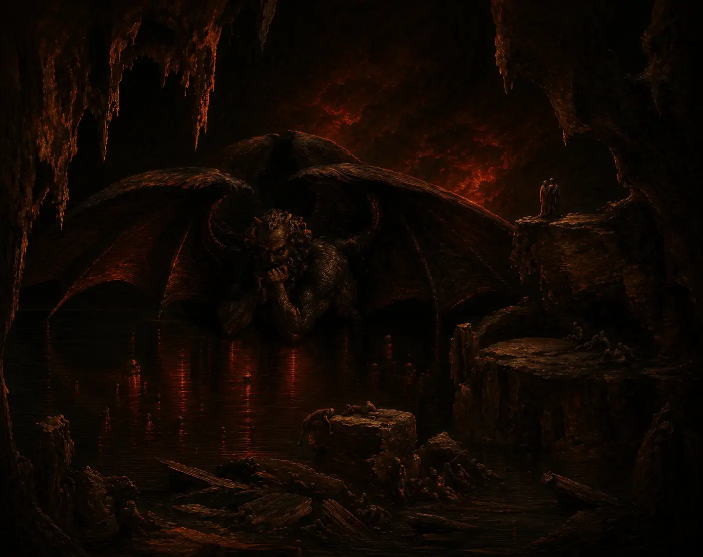 A horned beast crouches in a cavern above dark waters, the glow of distant flames reflected on stone