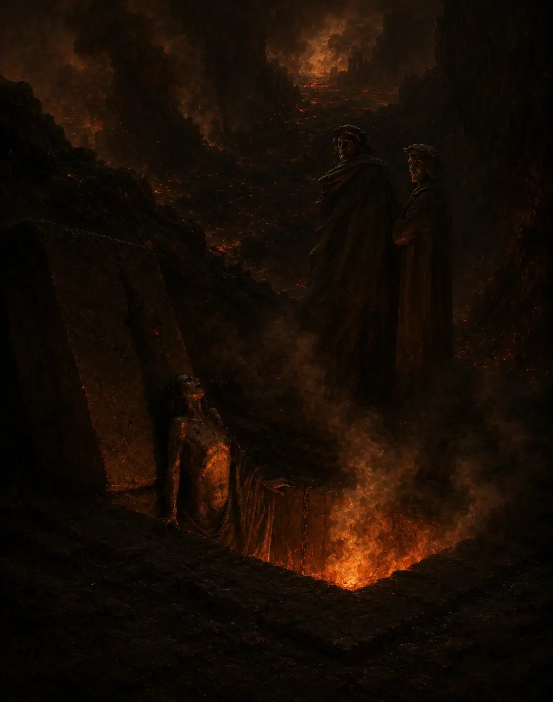 Two poets stand above burning tombs, fire leaping from open stone sarcophagi in the city of the heretics