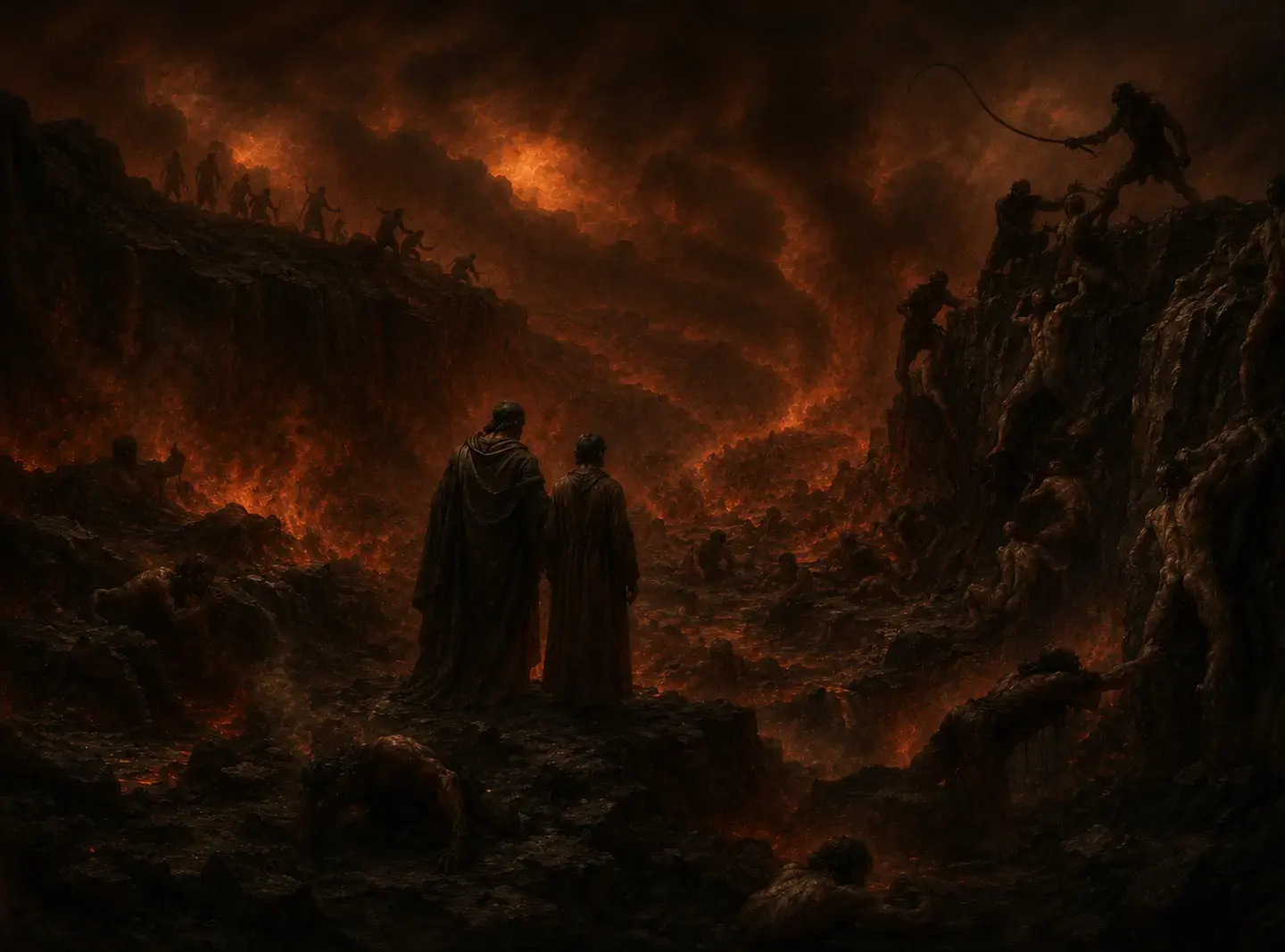 Dante and Virgil survey the burning city of Dis, flames and smoke rising behind iron walls
