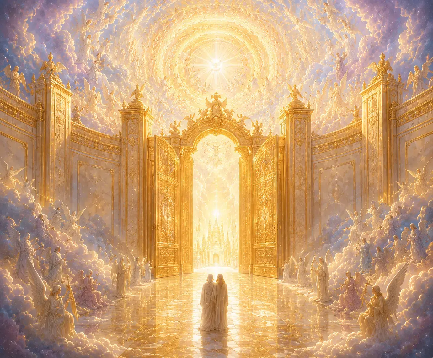 Two souls approach the great golden gates of Heaven, open and blazing with divine light under concentric celestial arches