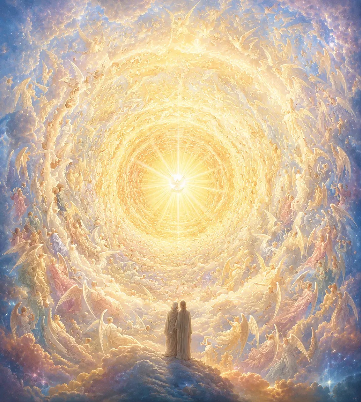 Two pilgrims gaze into the Empyrean — concentric rings of angels spiralling toward a central radiance beyond description