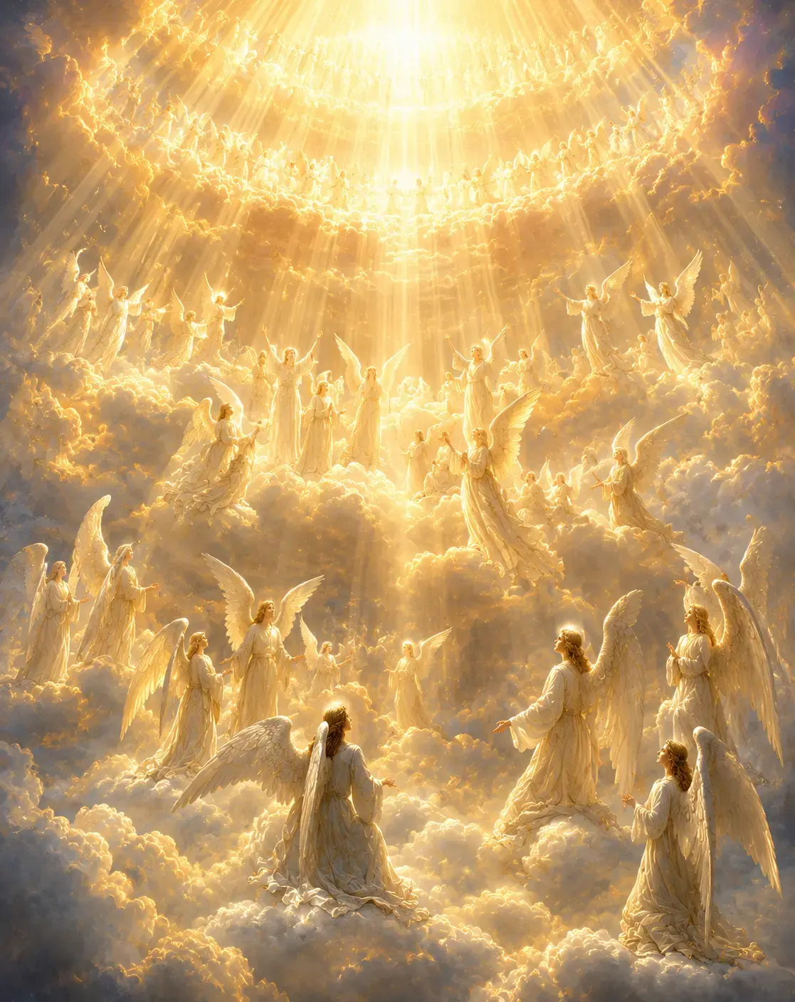 Ranks of angels ascend through golden clouds toward cascading rays of divine light from above