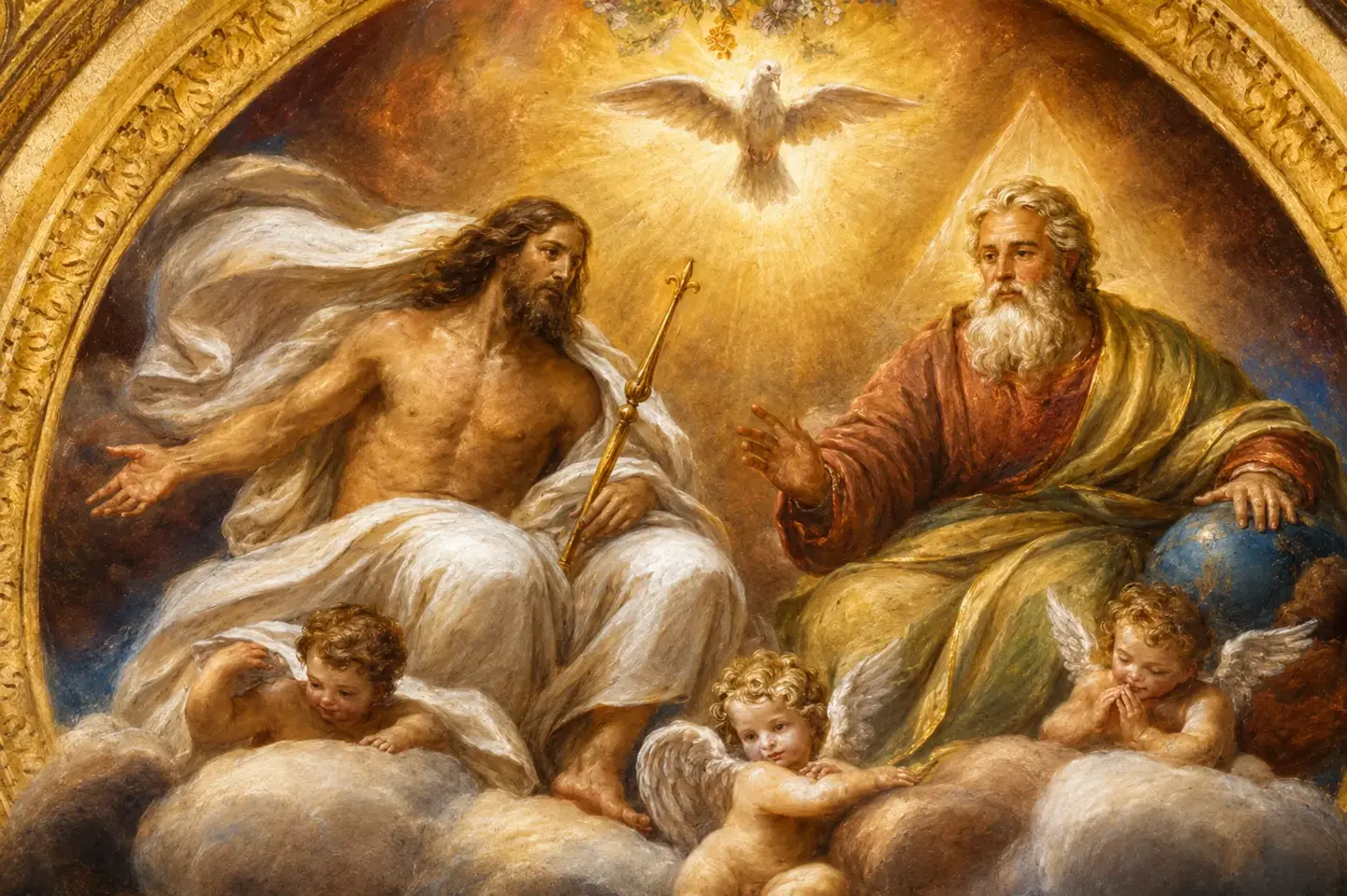 The Holy Trinity — Father, Son, and Holy Spirit as a dove — enthroned on clouds surrounded by cherubim