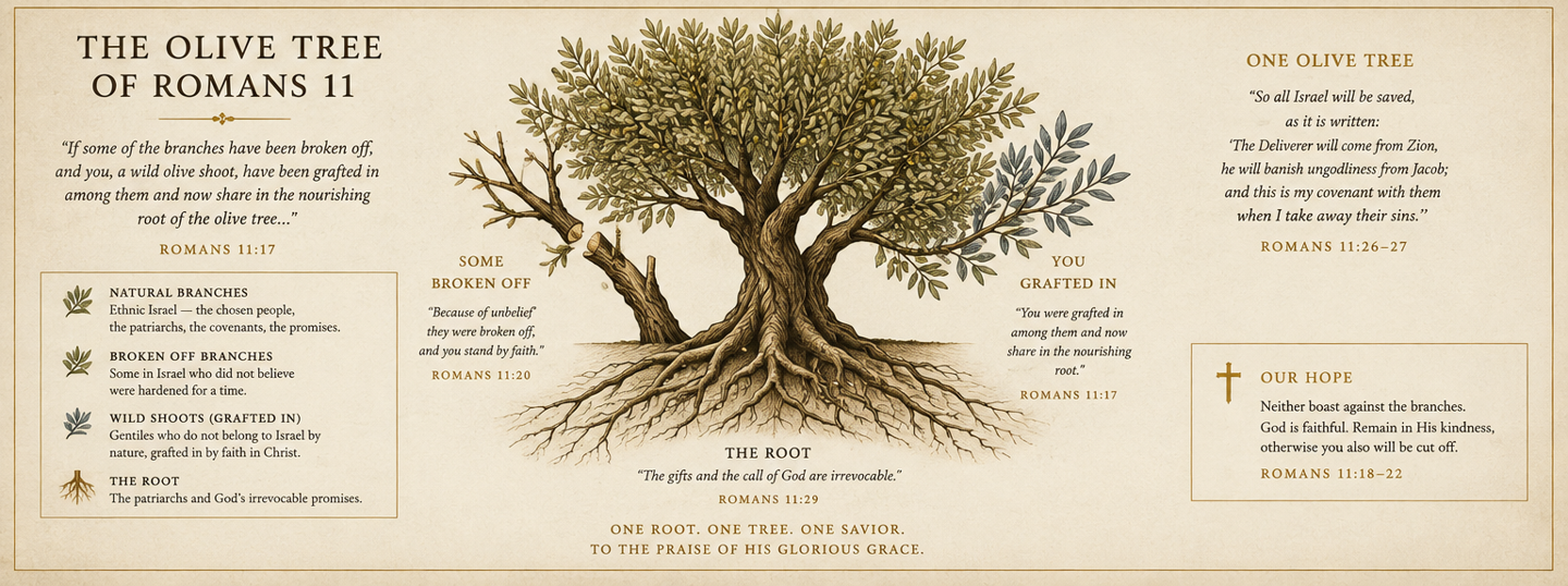 The Olive Tree of Romans 11, showing the patriarchal root, natural branches, broken branches, and the grafted wild branch.