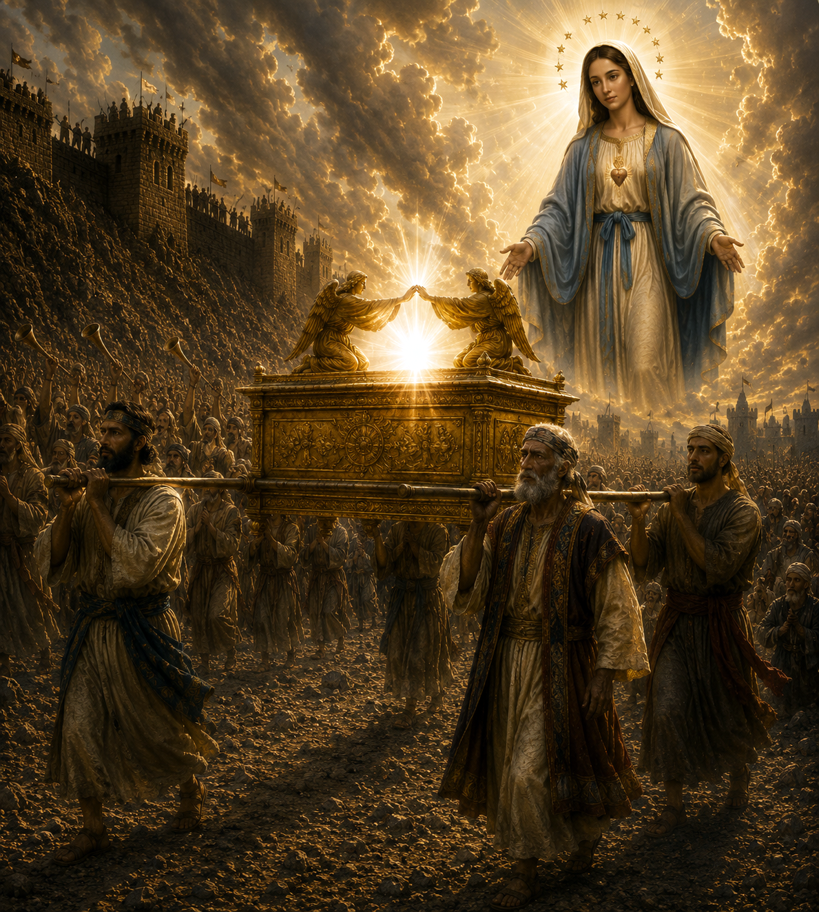 The Ark of the Old Covenant — the gold-overlaid chest bearing the glory-cloud of God's presence, carried before Israel