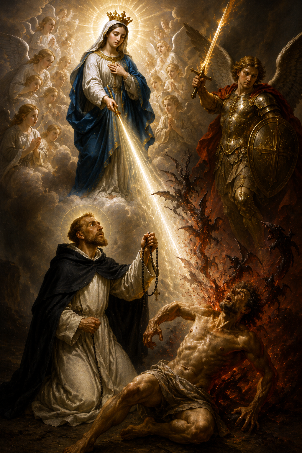 St. Dominic exorcising the Albigensian demoniac near Carcassonne as the crowd prays the Rosary, the demons compelled to confess Mary's God-given power over hell