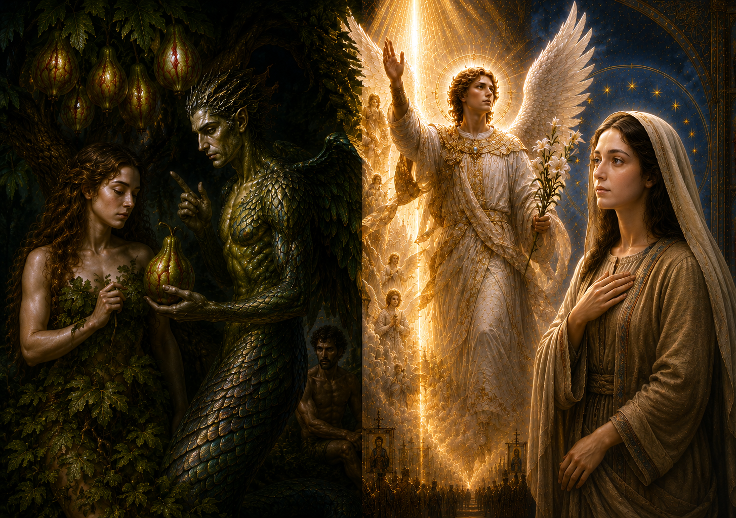 The first Eve and the New Eve — Eve receiving the forbidden fruit from the serpent in Eden, set beside Mary receiving the angel Gabriel's word at the Annunciation
