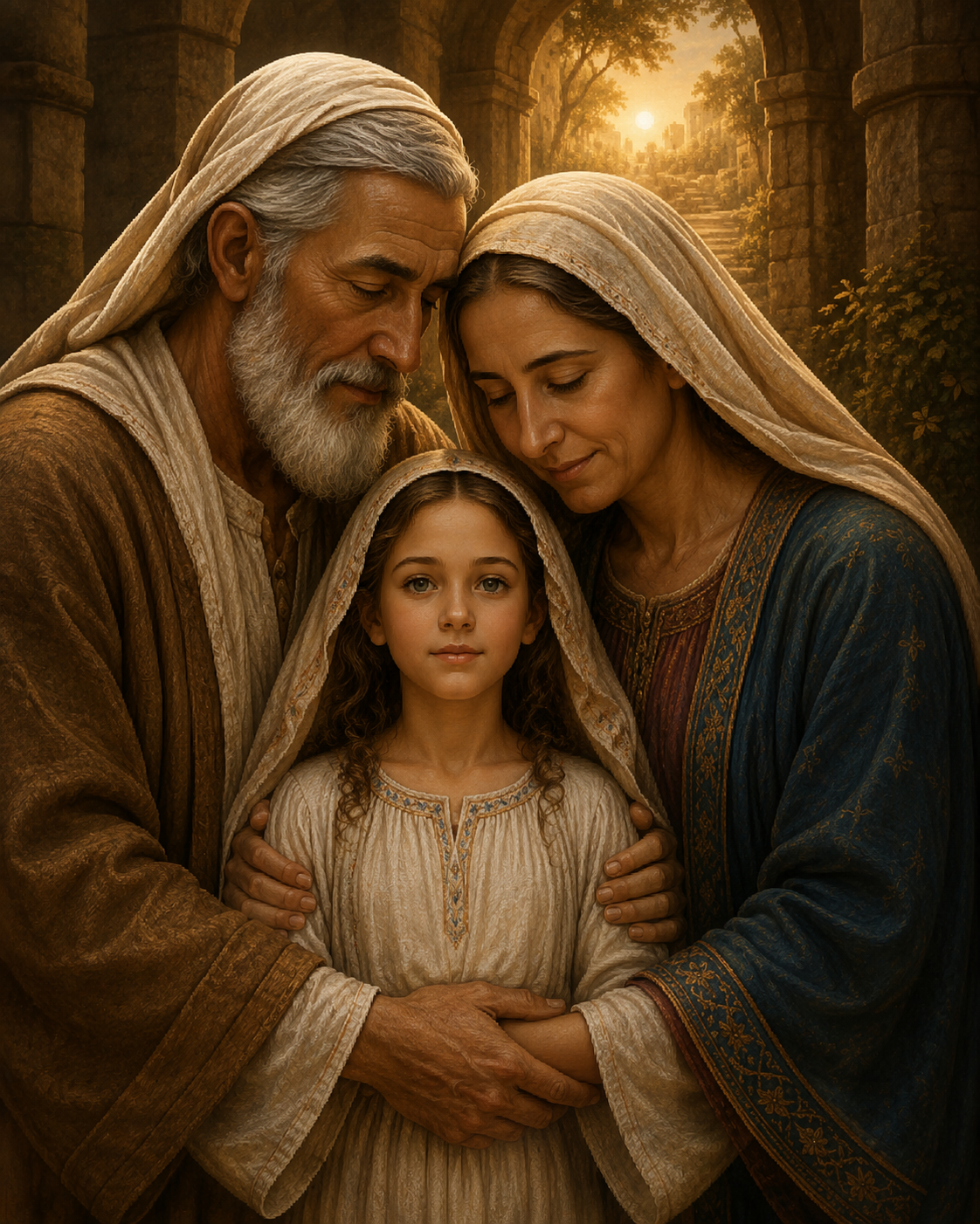 Saints Joachim and Anne with the child Mary — the grandparents of God and the long-awaited daughter who would become the Mother of God