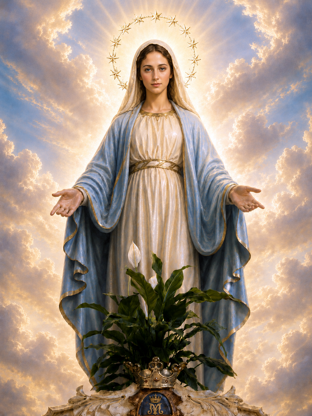 Mary the Ever-Virgin, robed in white and crowned with a halo of stars, standing radiant amid the clouds of heaven with hands open in welcome, a pure white lily and a royal crown at her feet
