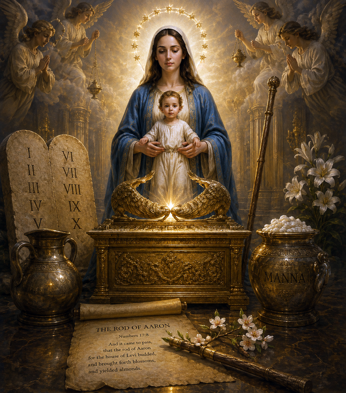 Mary as the Ark of the New Covenant — the Blessed Virgin holding the Christ Child above the Ark of old, with the tablets of the Law, the golden jar of manna, and the rod of Aaron