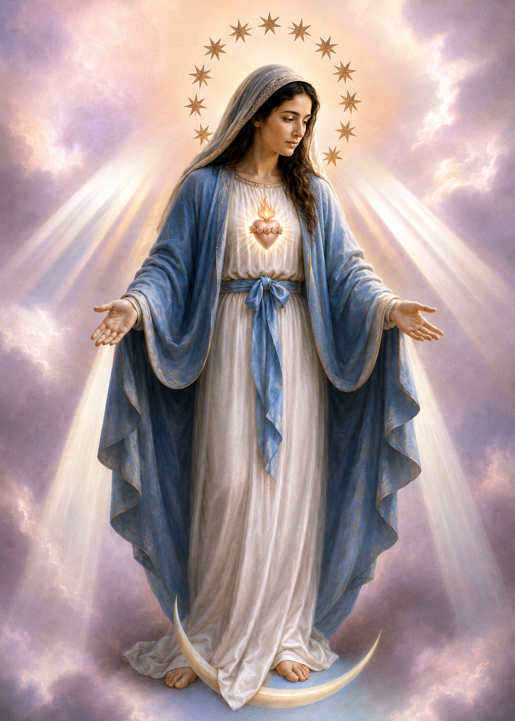 Mary as Mediatrix of all graces, her open hands streaming rays of light down upon the world, the channel through which the gifts won by Christ are poured out