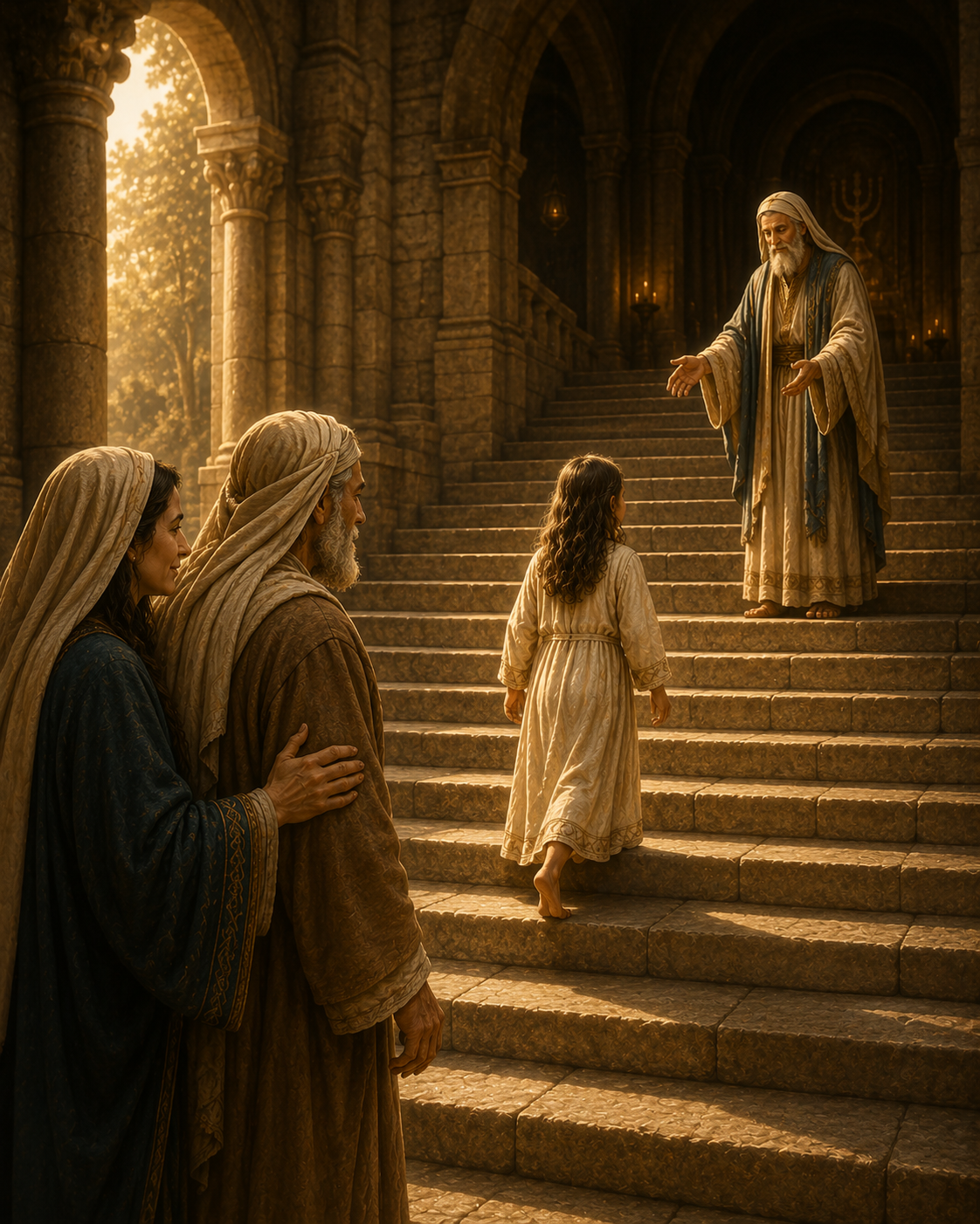 Joachim and Anne presenting the young Mary at the Temple in Jerusalem, fulfilling Anne's vow to consecrate her daughter to God