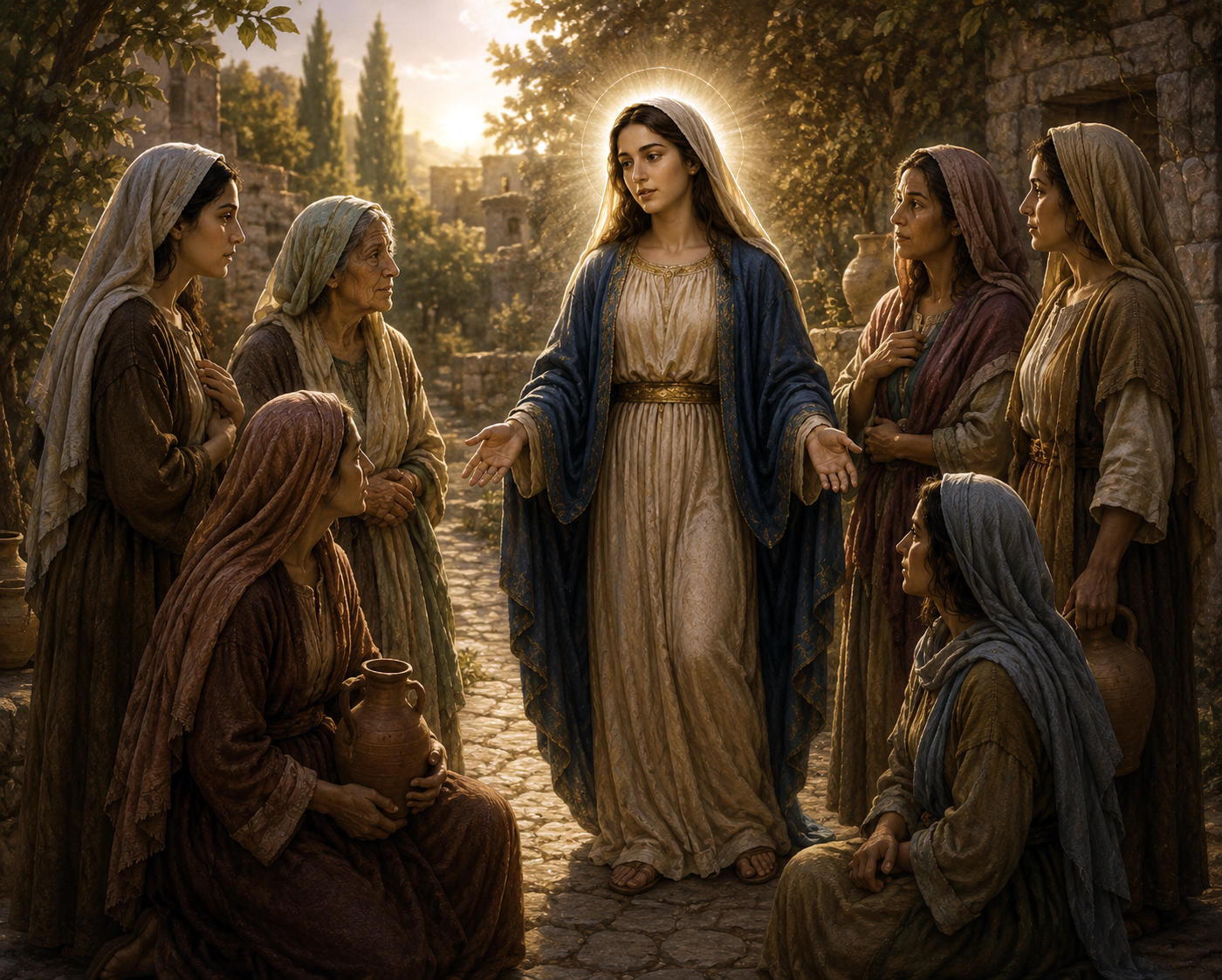 Mary, radiant and haloed, standing among the holy women of the Old Covenant — Sarah, Deborah, Ruth, Judith, Esther, and Hannah — who each foreshadowed her