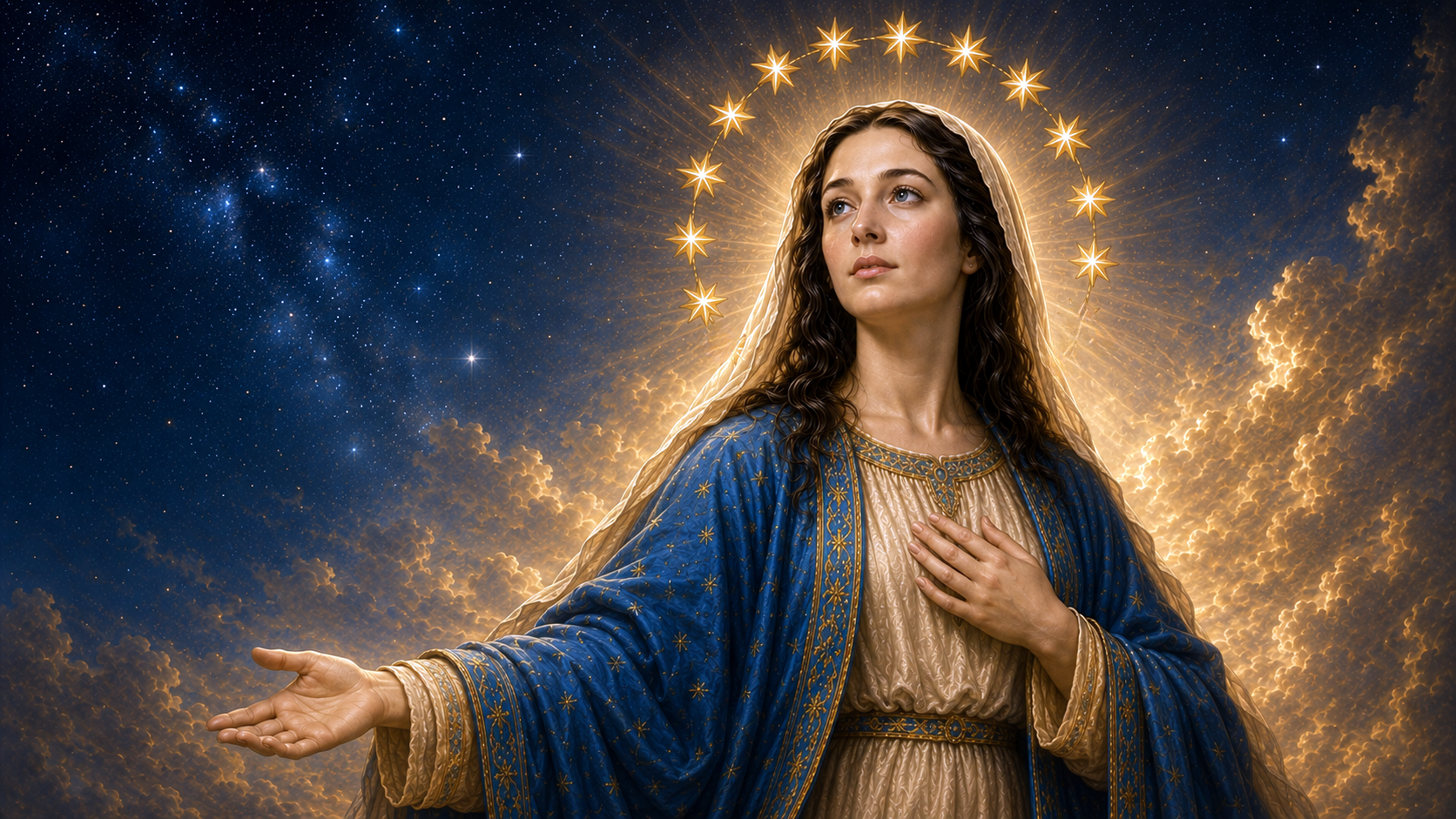 Mary crowned with twelve stars and clothed with the sun, exalted in glory — the lowly handmaid lifted up, the first of all generations to be called blessed