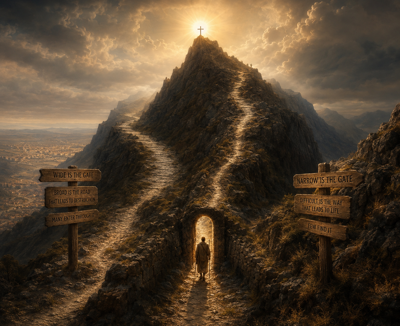 A narrow path leading through a gate toward light