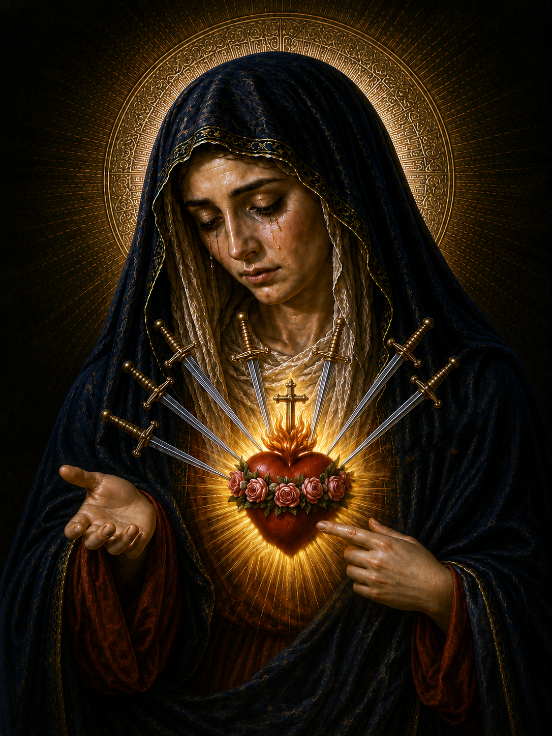 Our Lady of Sorrows, her heart pierced by a sword as Simeon foretold, sharing in the redemptive suffering of her Son at the foot of the cross