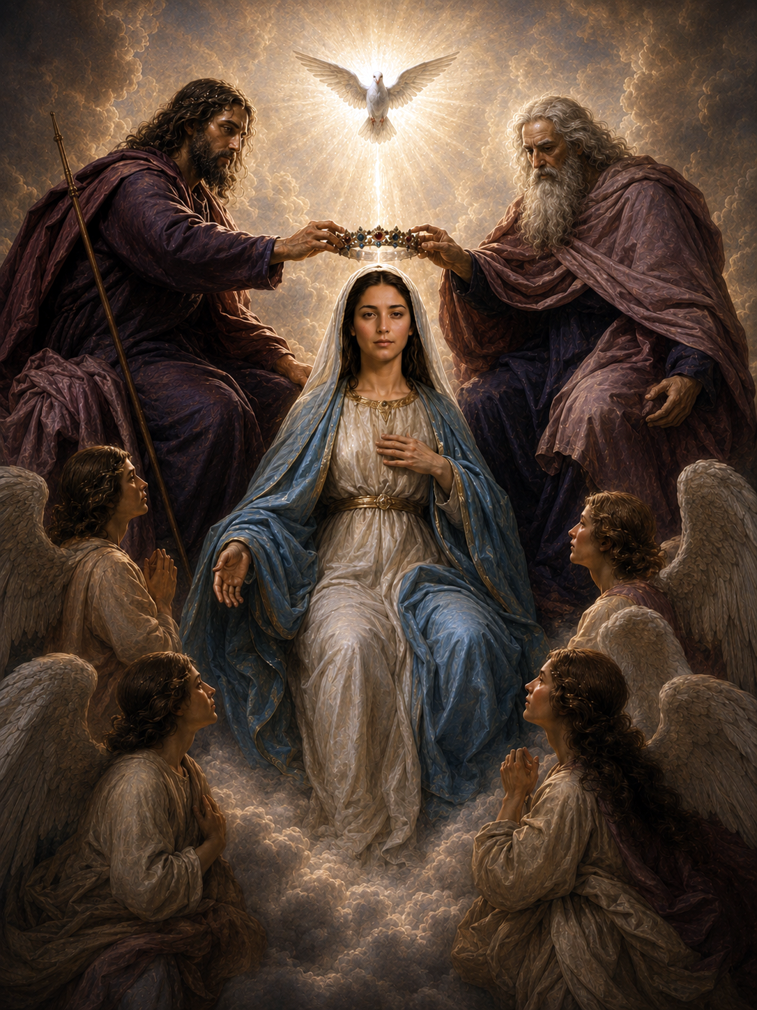 Mary crowned Queen of Heaven, enthroned in glory at the right hand of her Son the King, robed in royal majesty amid the angels and saints