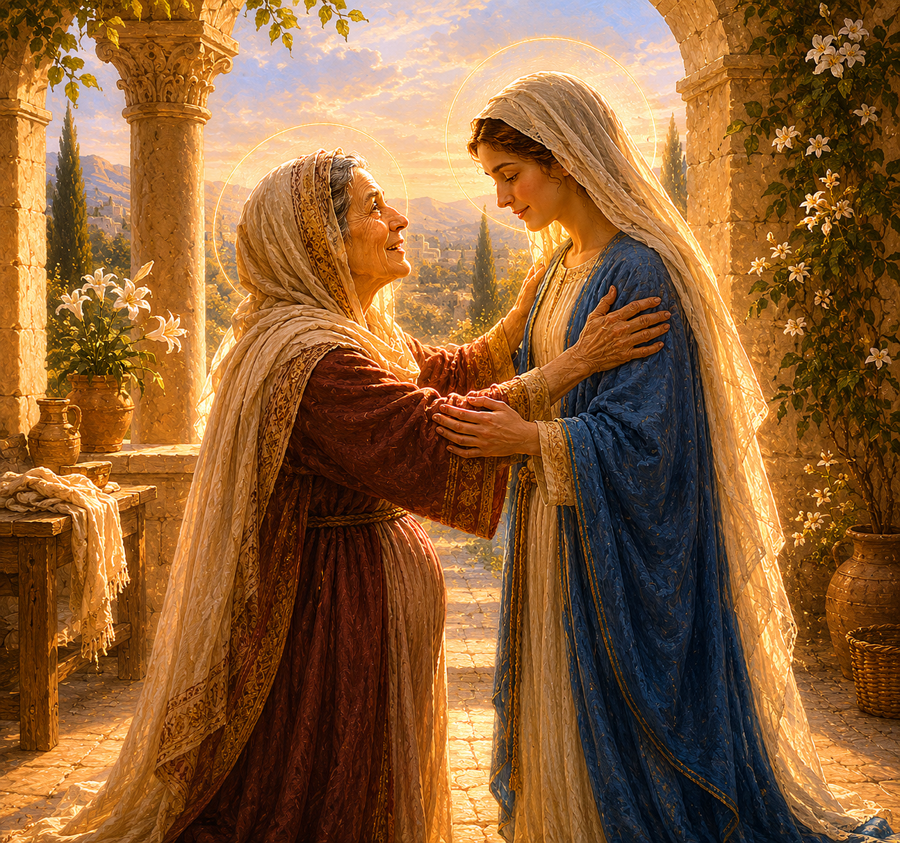 The Visitation — Mary greets Elizabeth in the hill country as John the Baptist leaps for joy in his mother's womb at the coming of his Lord