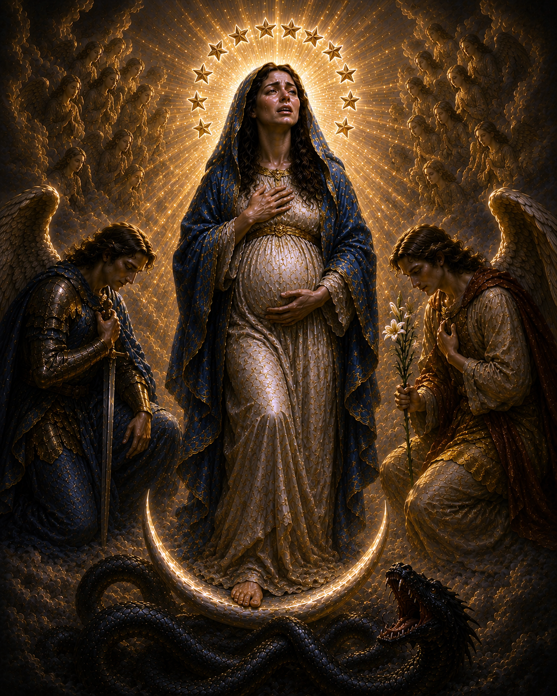 The Woman clothed with the sun, the moon beneath her feet and a crown of twelve stars upon her head, with the dragon below — the vision of Revelation 12