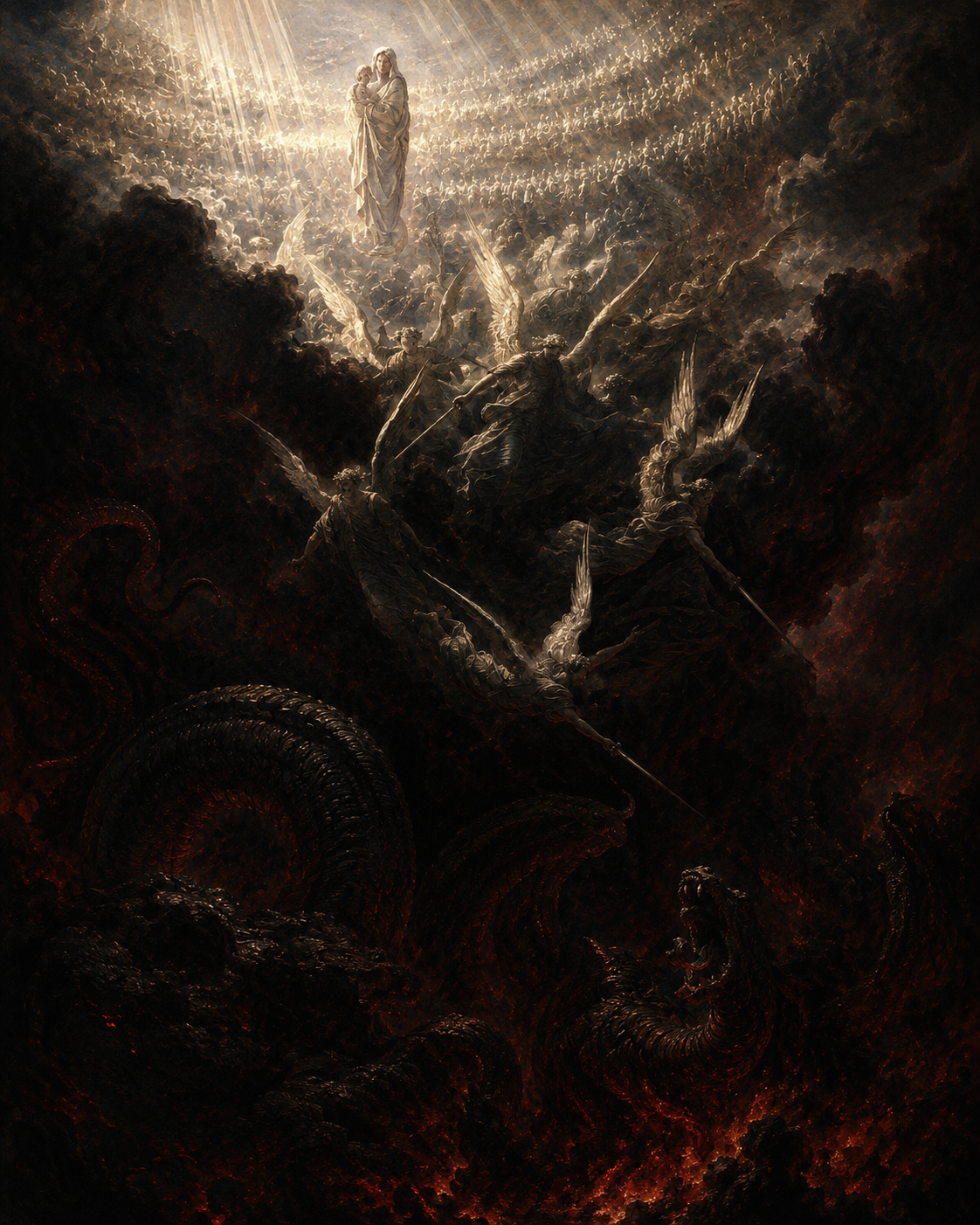 The rebel angels cast down from the light of heaven into fire and shadow, the dragon coiled below