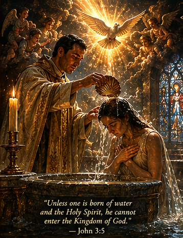 The Sacrament of Baptism — a priest baptizes an infant with water in the name of the Holy Trinity