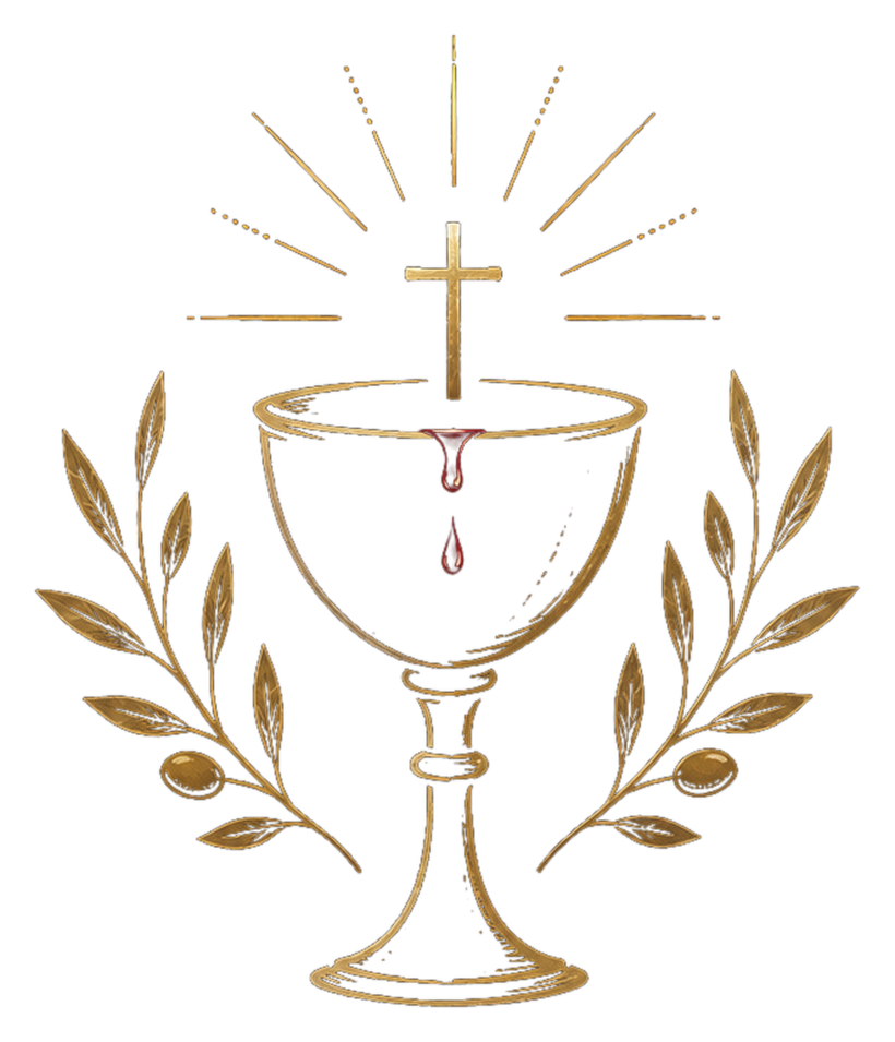 A golden chalice with a single drop of blood at its rim, crowned by a rayed cross and flanked by olive branches