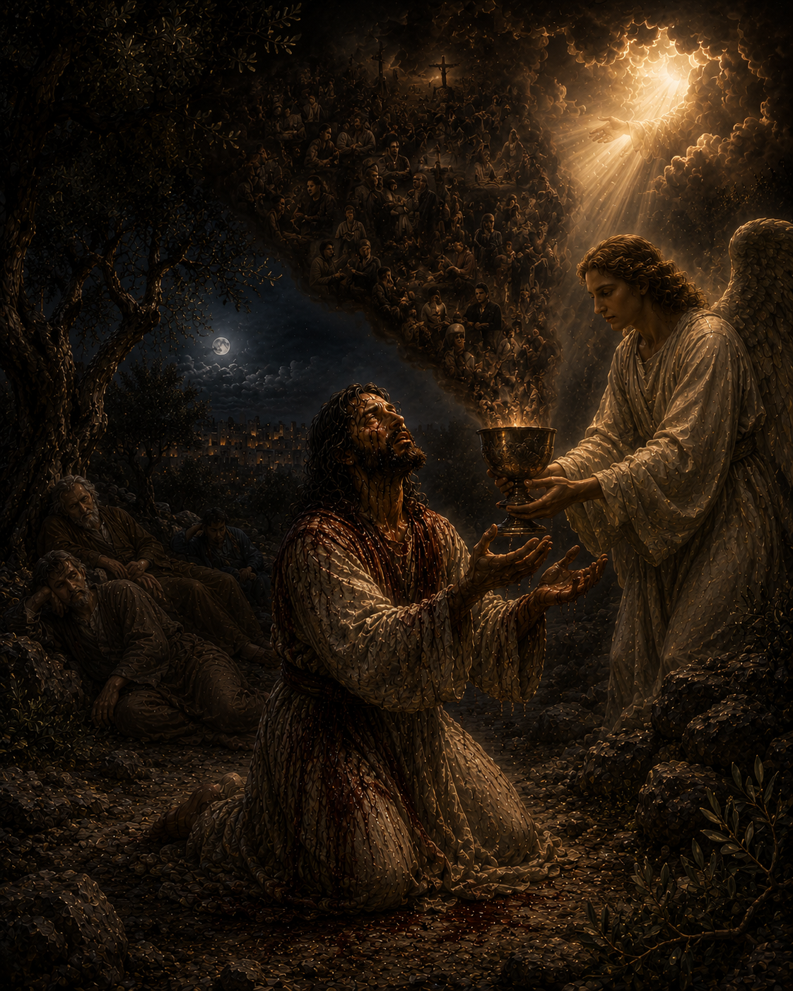 Jesus praying in the Garden of Gethsemane beside the bitter cup