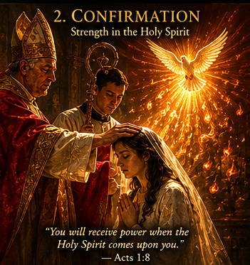 The Sacrament of Confirmation — a bishop anoints the forehead of the confirmed with sacred chrism