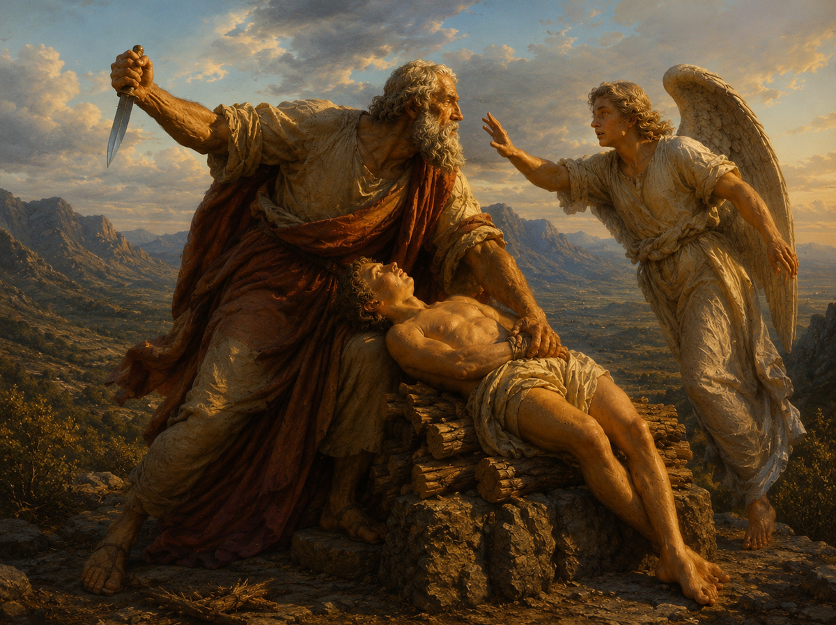 An angel stopping Abraham as Isaac lies upon the wood of the altar