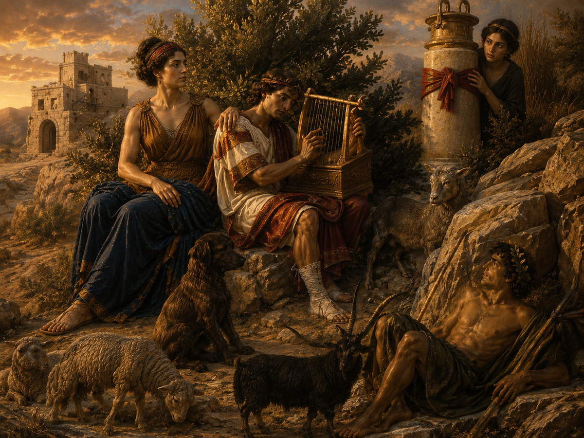 David playing the harp among the flock with a royal city in the distance
