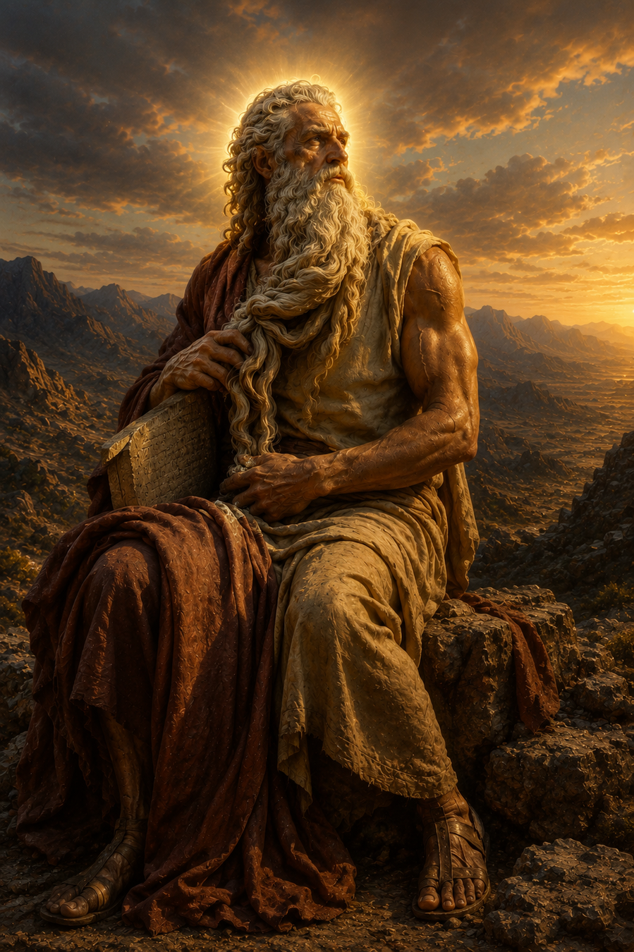 Moses seated on Mount Sinai holding the stone tablets of the covenant