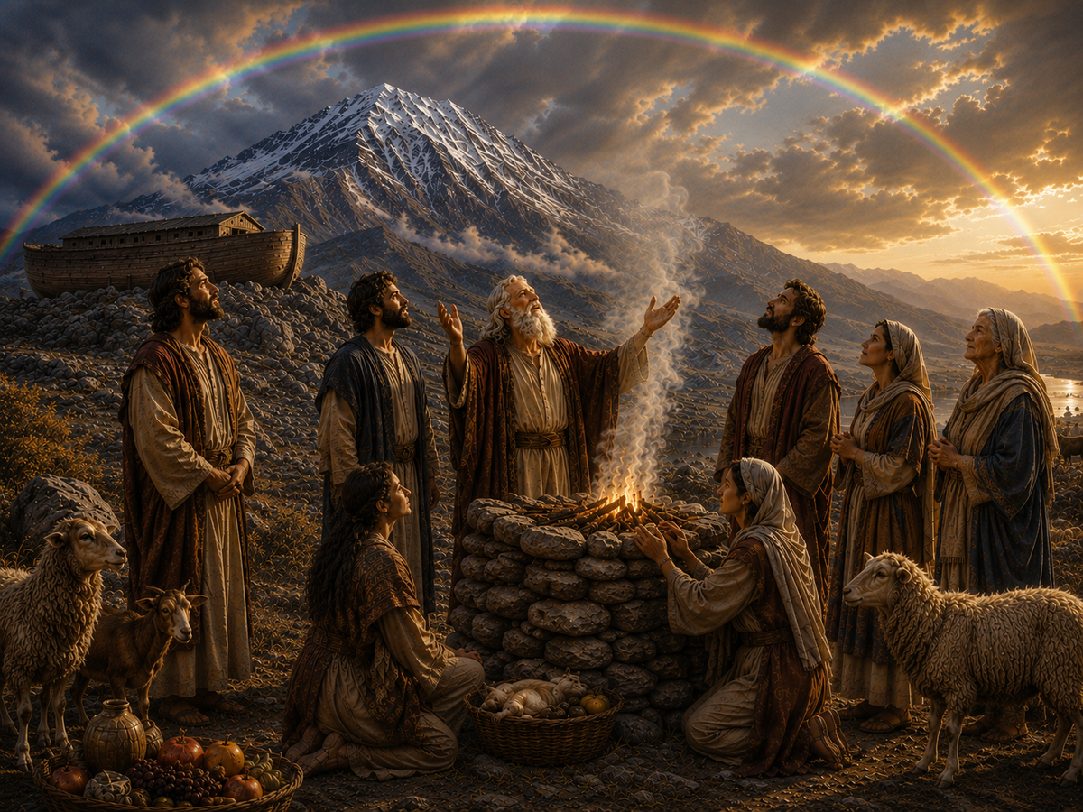Noah and his family offering sacrifice beside the ark beneath a rainbow
