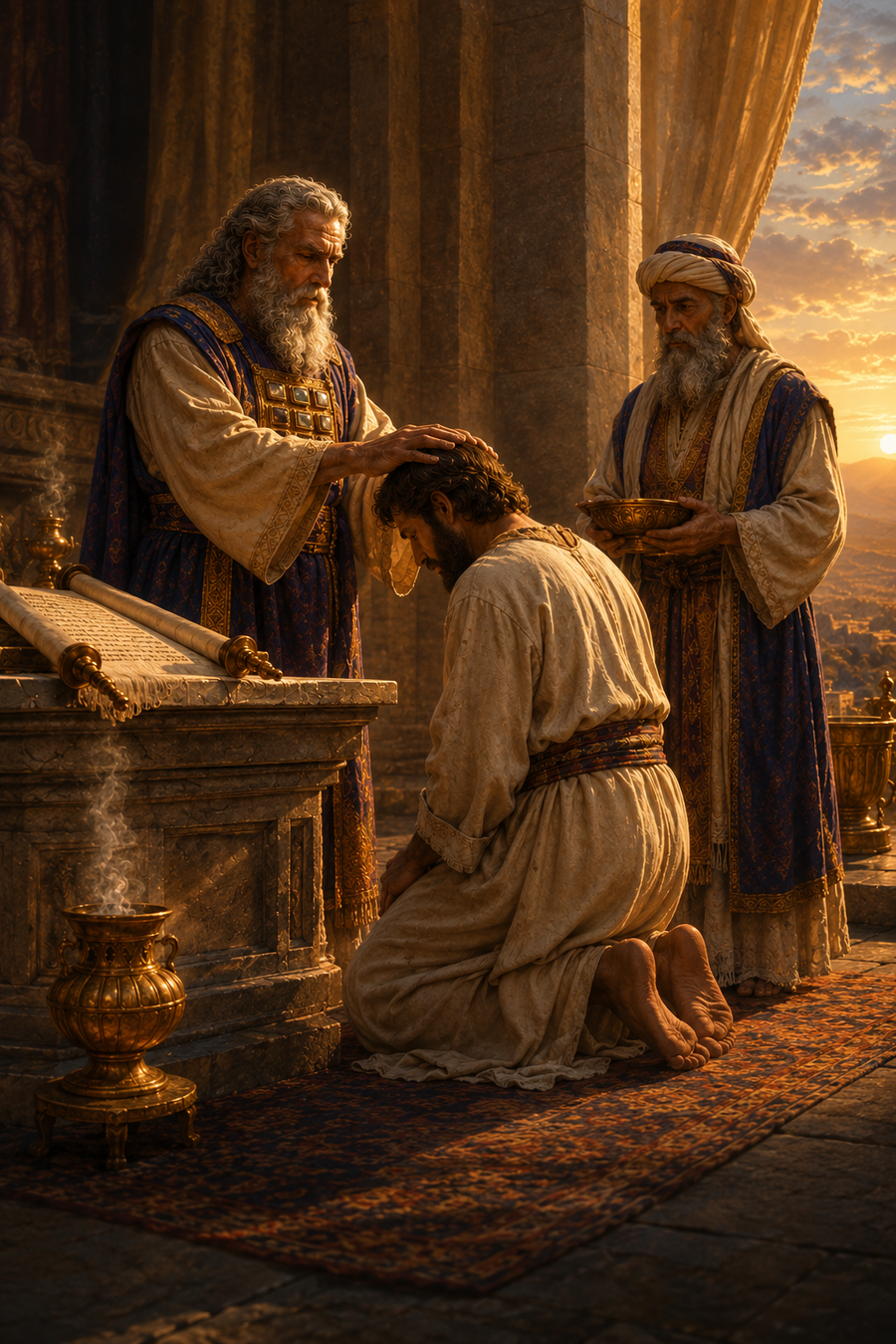 An elder priest laying hands upon a kneeling man beside the sanctuary