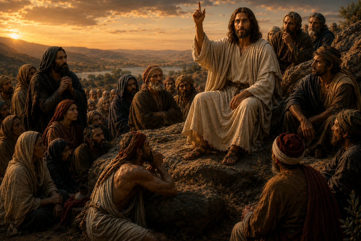 Jesus teaching a gathered crowd during the Sermon on the Mount