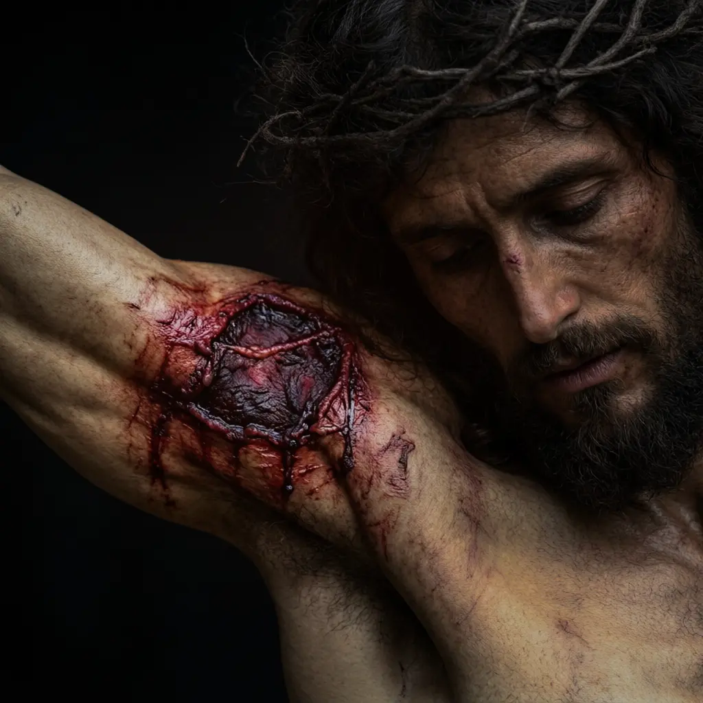 Devotional image of Christ's wounded shoulder beneath the burden of the Cross