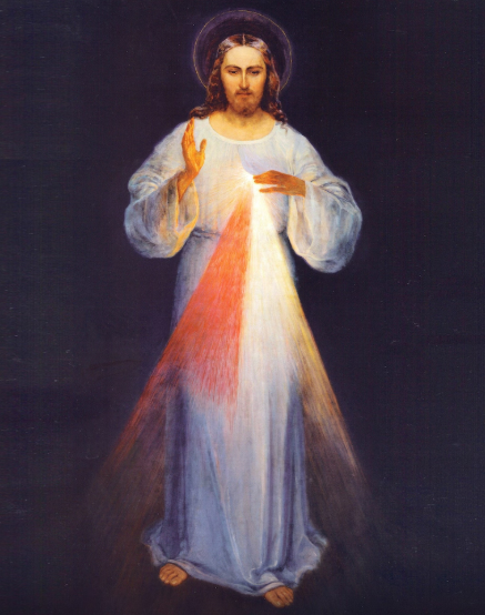 The Divine Mercy image of the Merciful Jesus, with pale and red rays issuing from His Heart