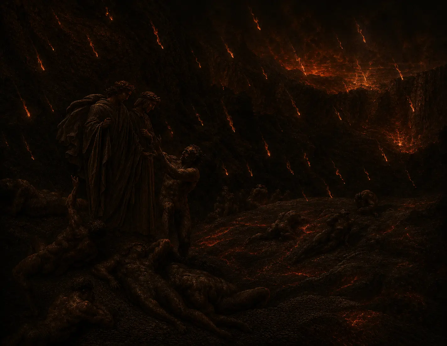 Pilgrims traverse a scorched plain under a rain of fire, embers streaking through smoky darkness