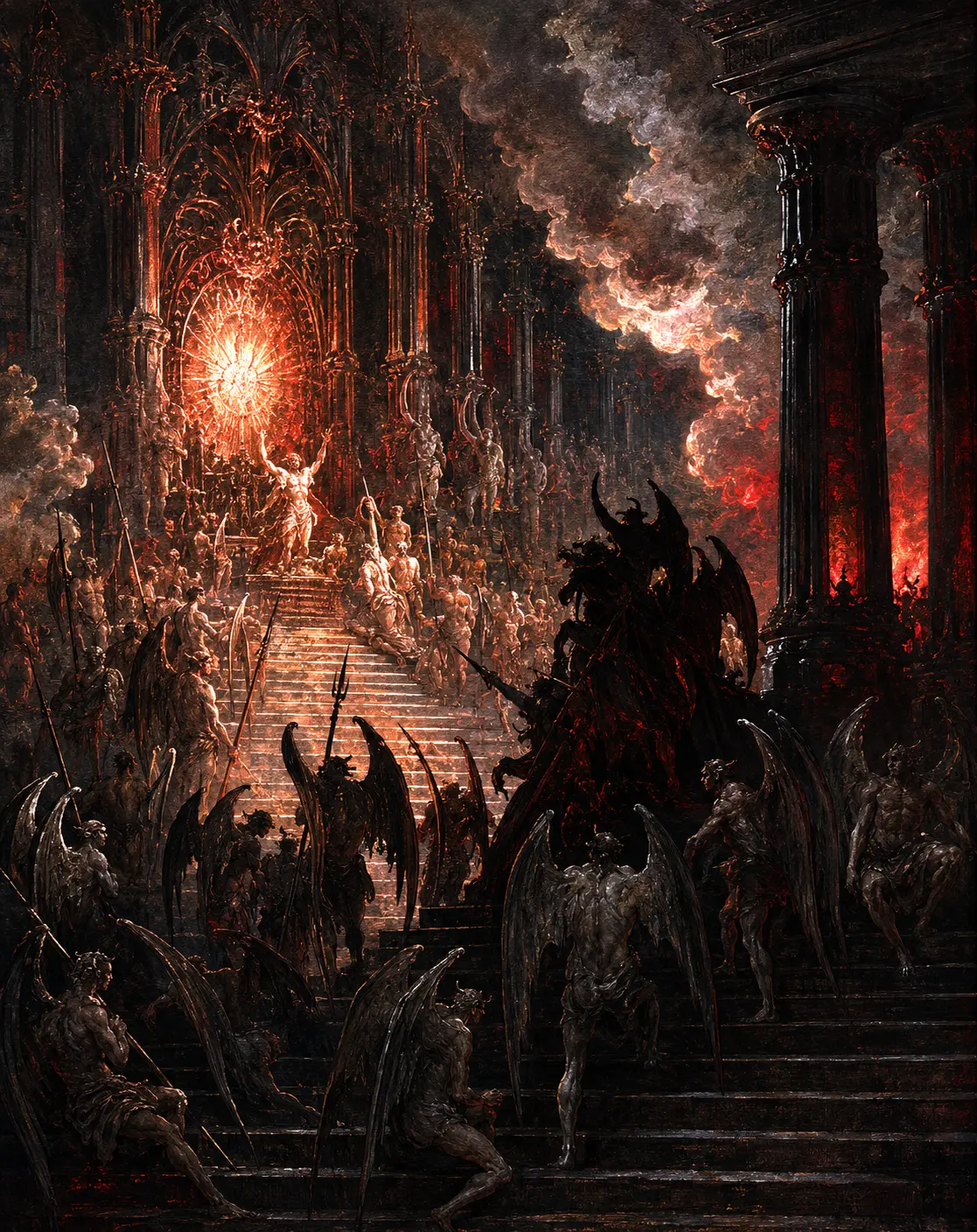Pandemonium — Satan enthroned on a great stair before legions of rebel angels in a vaulted infernal cathedral