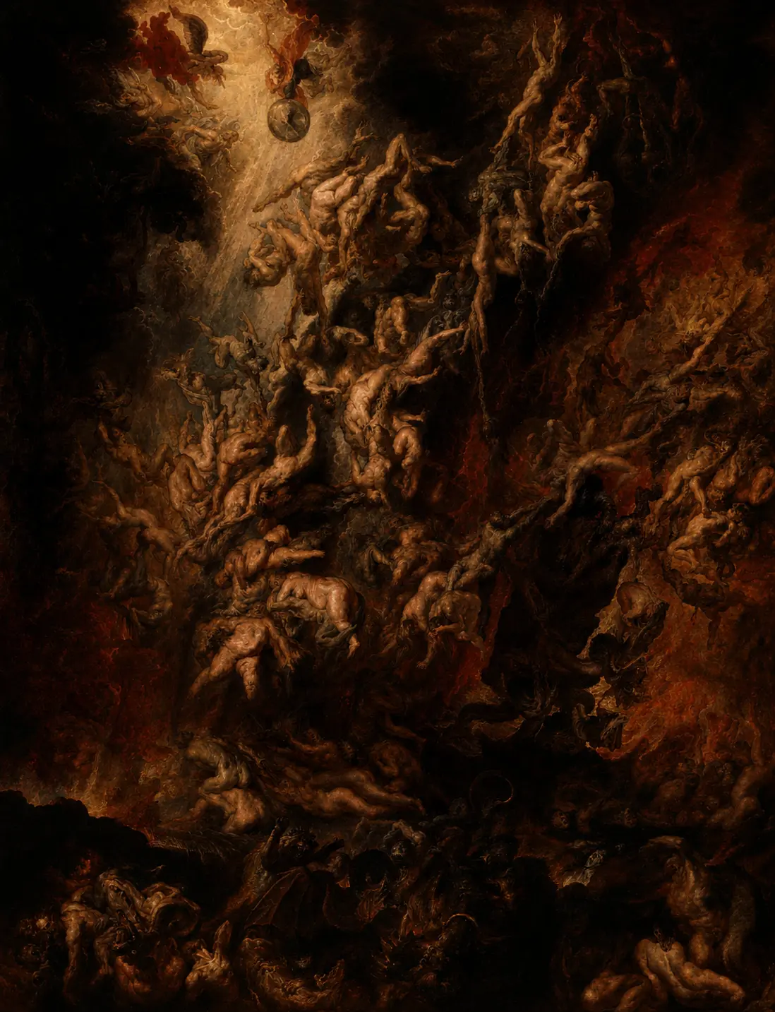 The fallen angels tumble downward in a cascade of writhing bodies, light breaking through from above