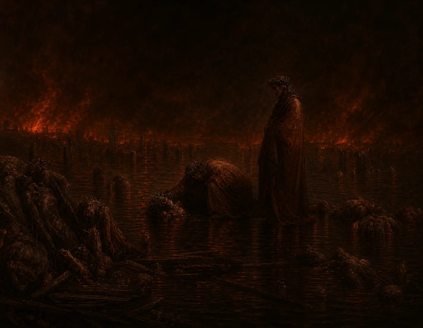 A cloaked figure traverses a desolate marsh where the damned are submerged among charred stumps