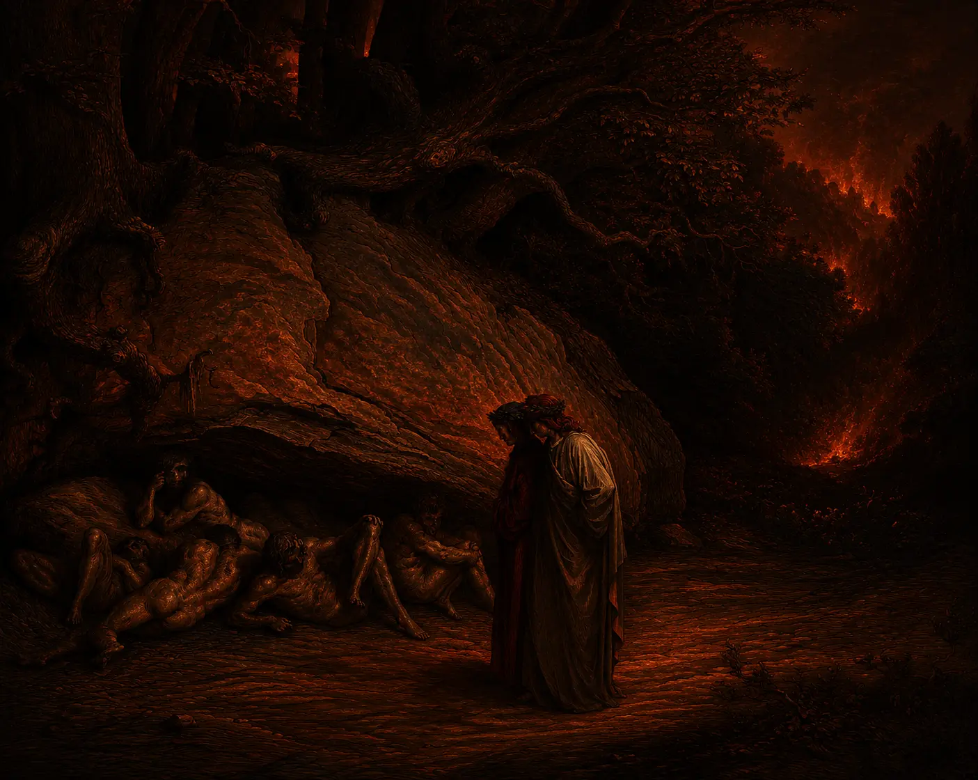 A pilgrim kneels beside the suffering beneath a gnarled tree in the dark wood