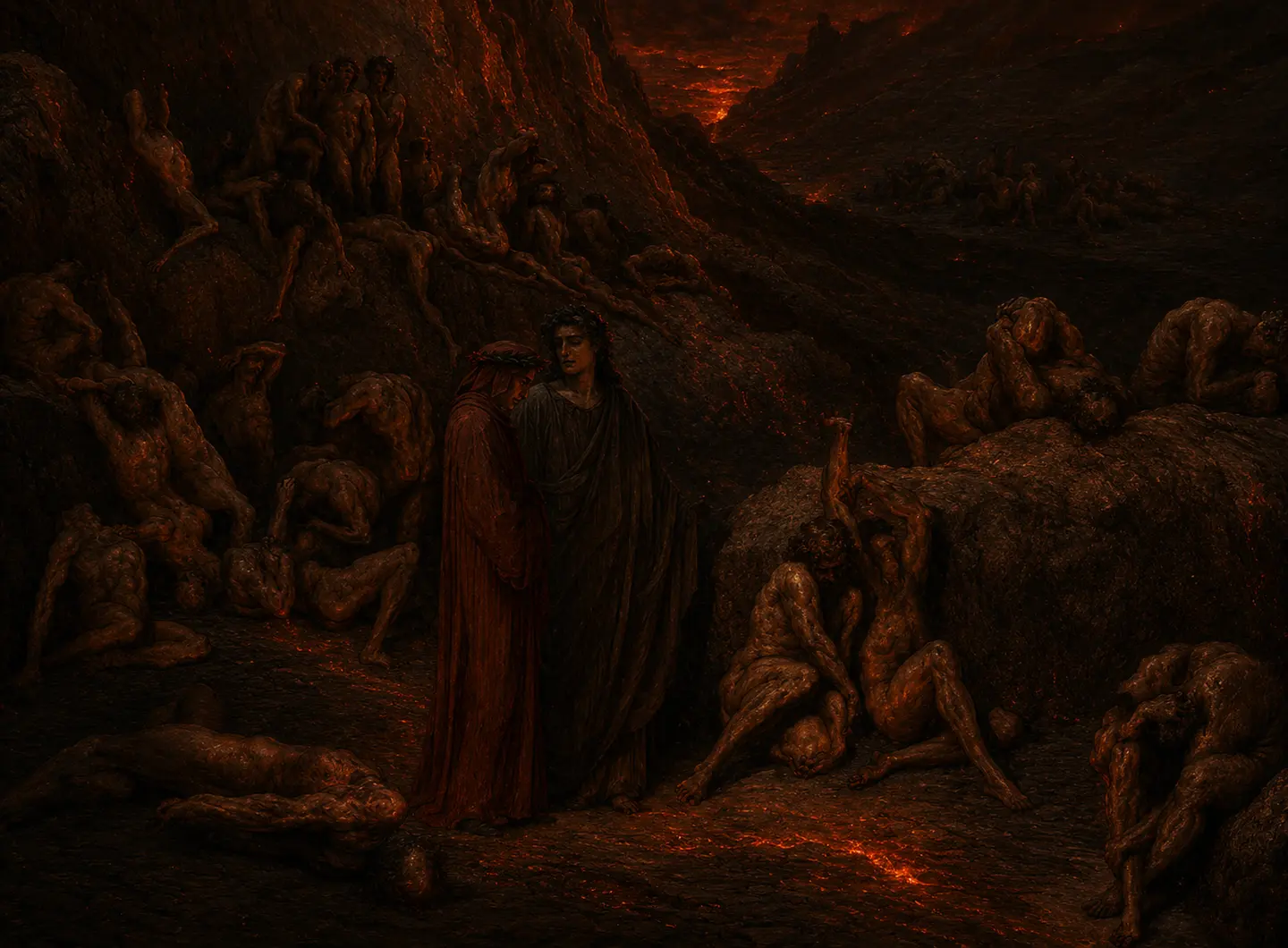 Dante in a red cloak walks among tormented figures on a dark hillside lit by distant fire