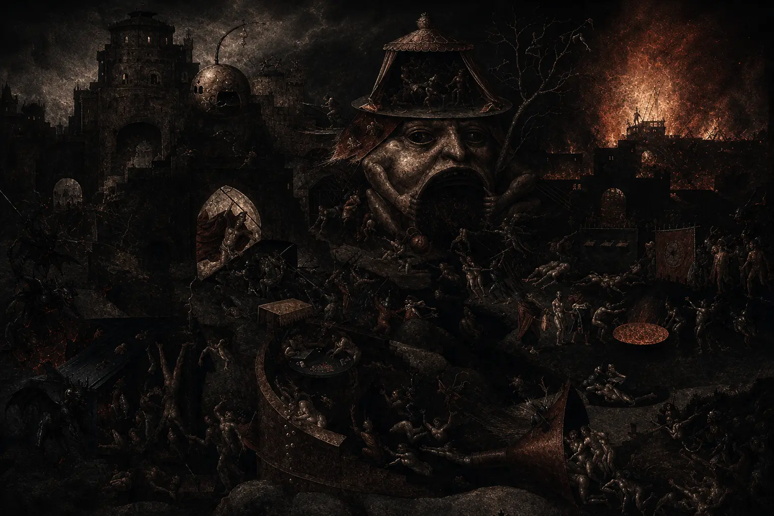 A colossal grotesque visage looms over a burning hellscape where tormented souls writhe amid ruined towers and cauldrons of fire