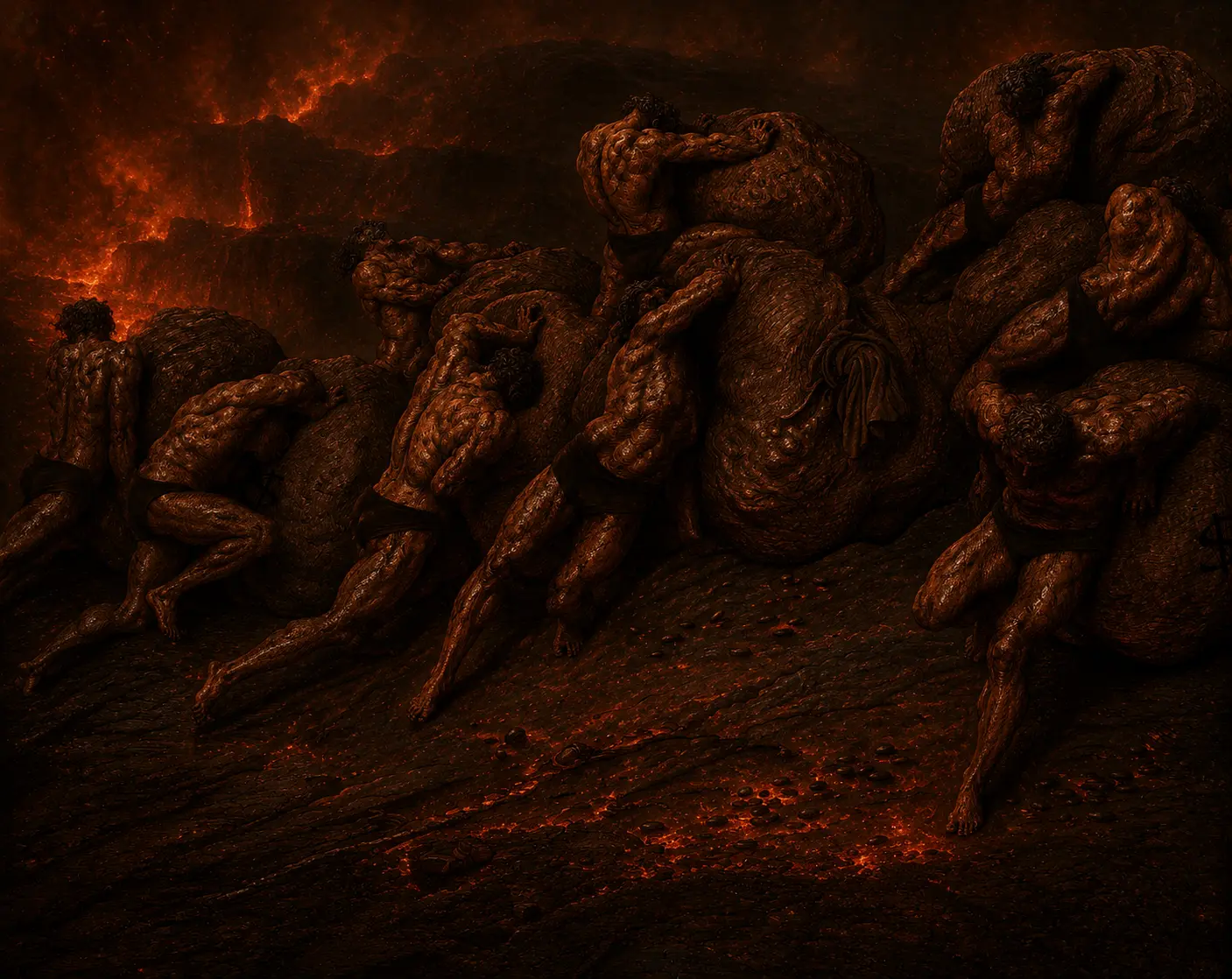 Contorted figures writhe on scorched earth beneath a sky of ember and smoke