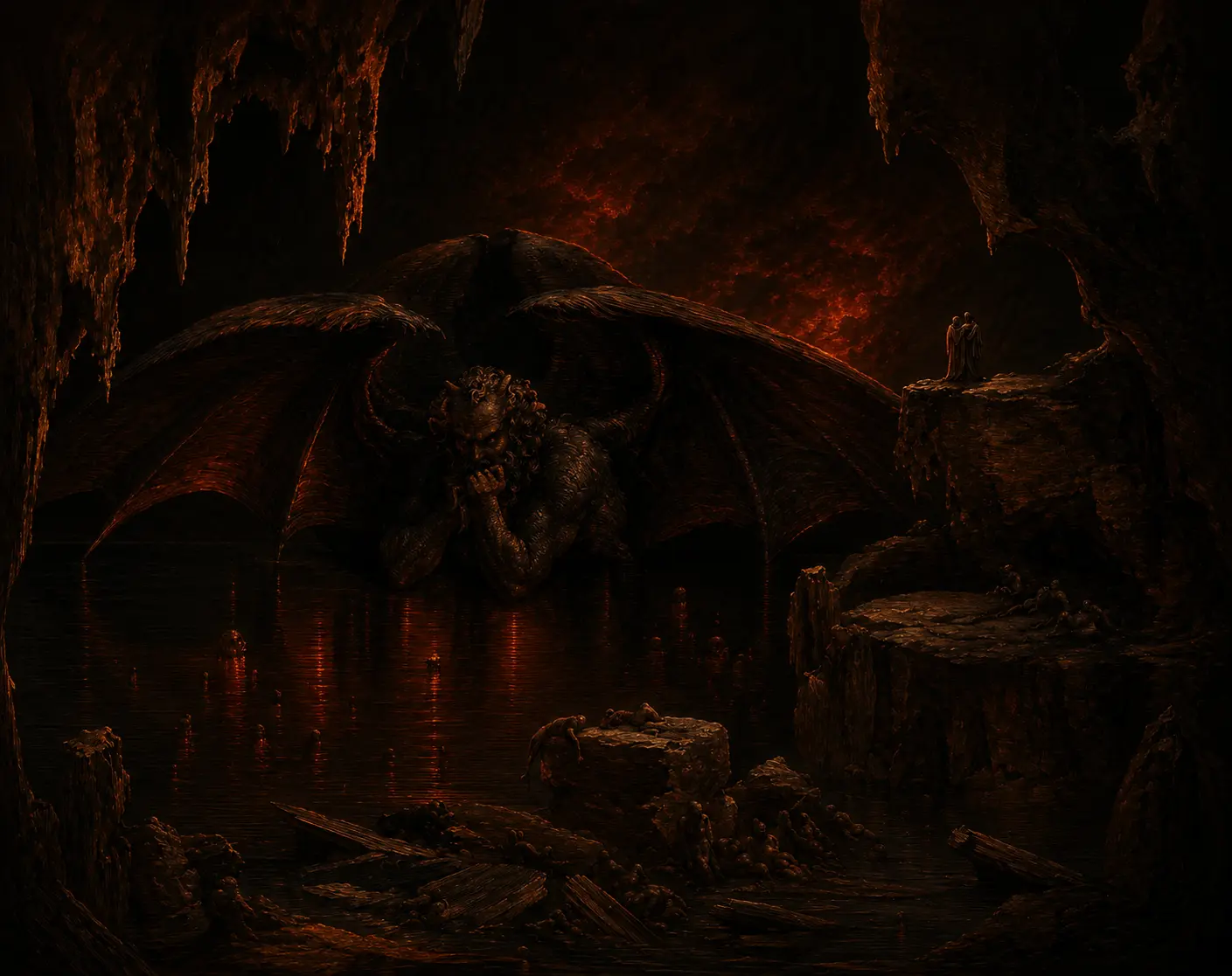 A horned beast crouches in a cavern above dark waters, the glow of distant flames reflected on stone