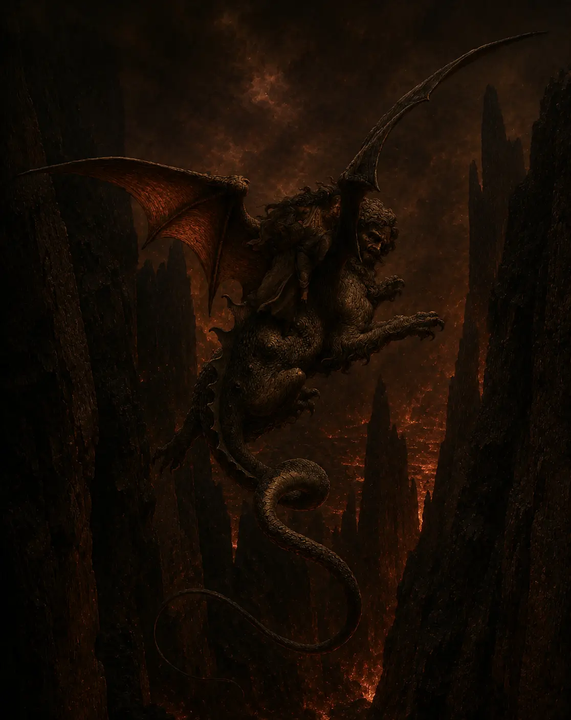 A winged demon perches on a rocky spire above a burning cityscape shrouded in sulphurous haze