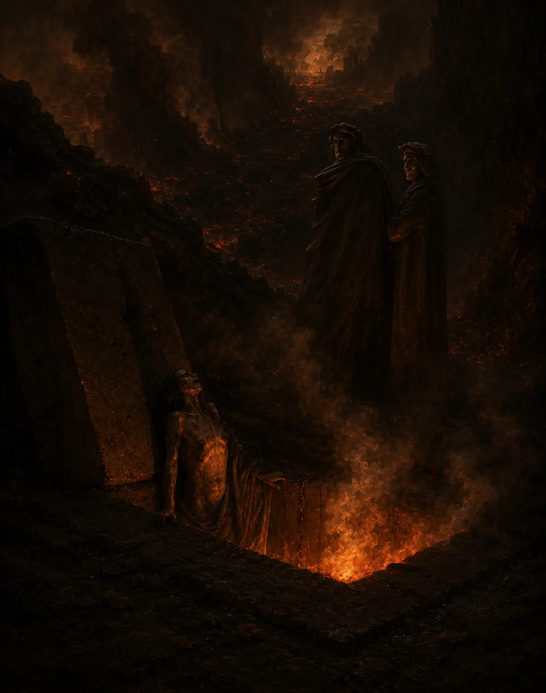 Two poets stand above burning tombs, fire leaping from open stone sarcophagi in the city of the heretics