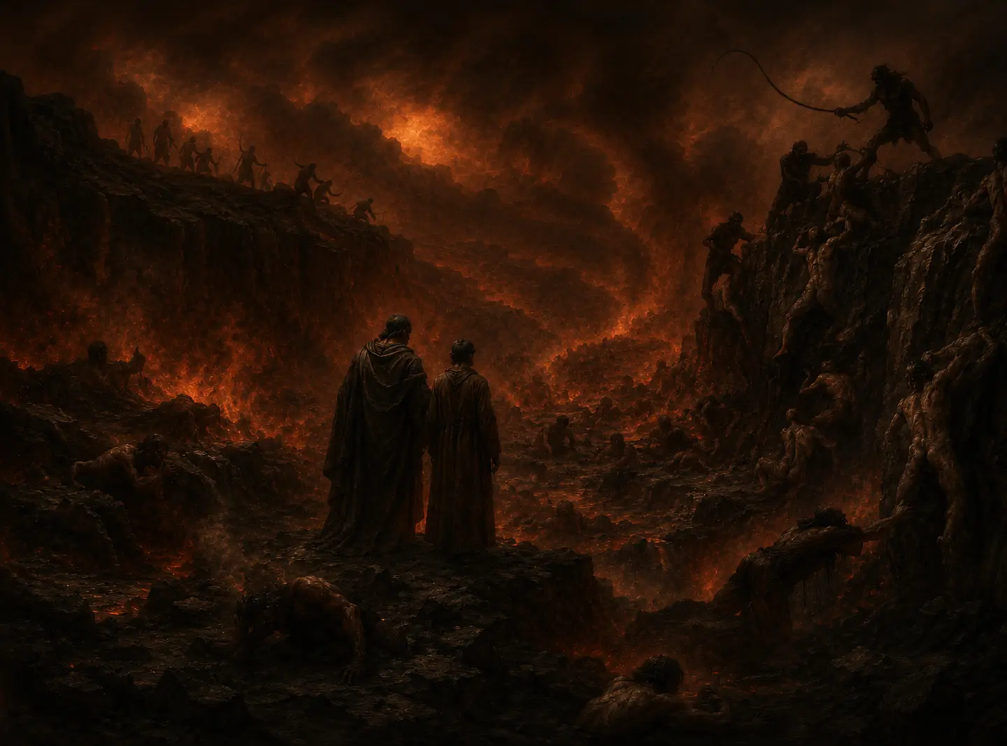 Dante and Virgil survey the burning city of Dis, flames and smoke rising behind iron walls